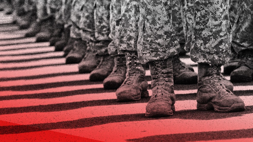 Photo illustration: Close up of military officers standing in line with a red overlay.
