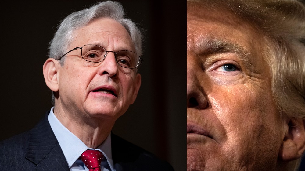 Photo diptych: Merrick Garland and Donald Trump