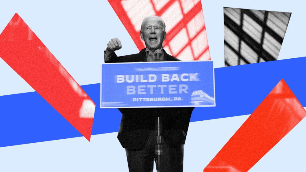 Photo illustration of President Joe Biden speaking at a podium with a board that reads,"Build Back Better".