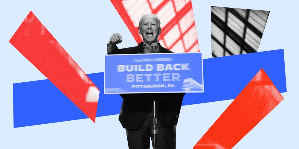 Photo illustration of President Joe Biden speaking at a podium with a board that reads,"Build Back Better".