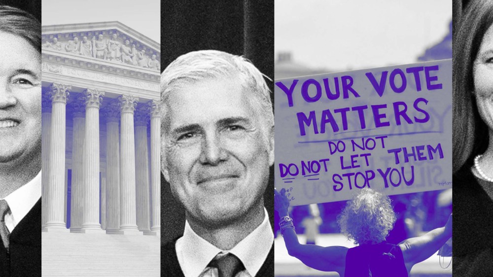 Photo Illustration: Supreme Court Justices Brett Kavanaugh, Neil Gorusch, and Amy Coney-Barrett
