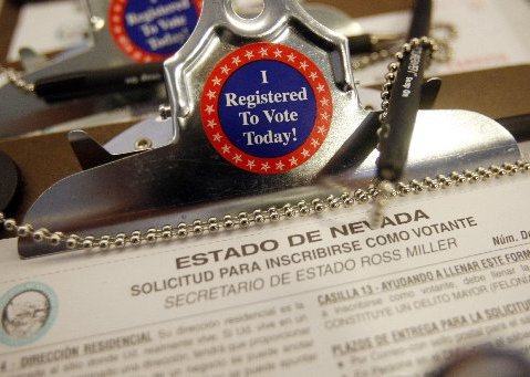 File photo: A Nevada registration form is pictured at the Lloyd D. George federal courthouse in Las Vegas. (AP Photo/Isaac Brekken)