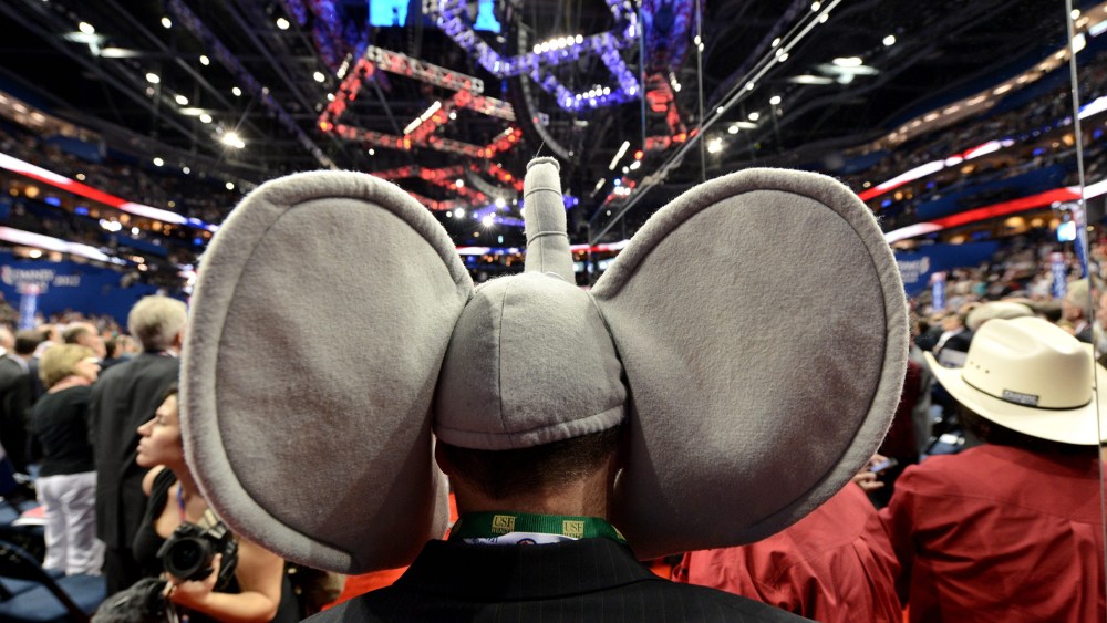 A Republican delegate wears an elephant hat during the Republican National Convention at the Tampa Bay Times Forum in Tampa, Fla. on Aug. 28, 2012.