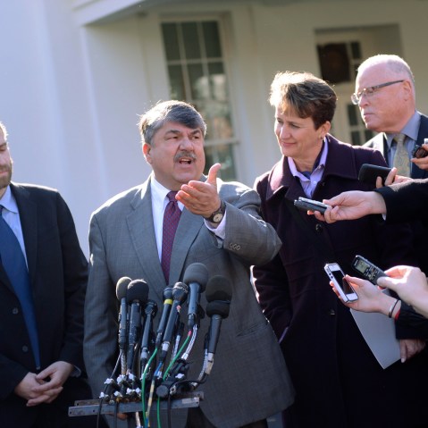 File Photo: AFL-CIO President Richard Trumka responds to a question from the news media after attending a meeting with US President Barack Obama in the Roosevelt Room of the White House in Washington, DC, USA 13 November 2012. (Photo by Shawn Thew/EPA...