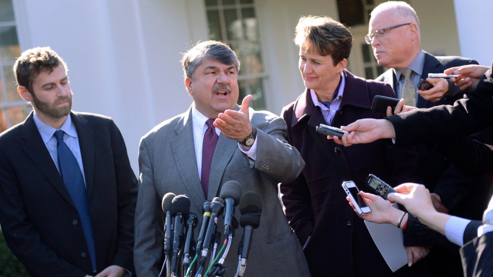 File Photo: AFL-CIO President Richard Trumka responds to a question from the news media after attending a meeting with US President Barack Obama in the Roosevelt Room of the White House in Washington, DC, USA 13 November 2012. (Photo by Shawn Thew/EPA...