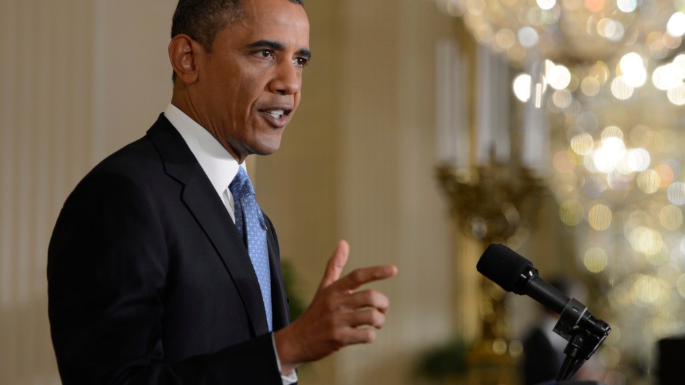 US President Barak Obama responds to a question from the news media during a press conference in the East Room of the White House in Washington, DC, USA 14 January 2013. President Obama holds his final press conference of his first term today and will...