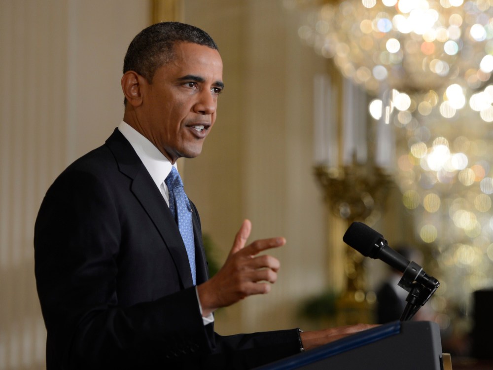 US President Barak Obama responds to a question from the news media during a press conference in the East Room of the White House in Washington, DC, USA 14 January 2013. President Obama holds his final press conference of his first term today and will...