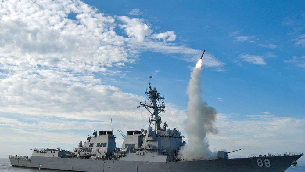 A U.S. Navy handout picture dated September 29, 2010 showing U.S. guided-missile destroyer USS Preble (DDG 88) conducting an operational tomahawk missile launch.