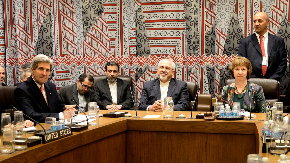 U.S. Secretary of State John Kerry (L), Foreign Minister of Iran Mohammad Javad Zarif (C) and EU High Representative for Foreign Affairs and Security Policy Catherine Ashton (R) during a meeting at the United Nations headquarters in New York City, Septemb