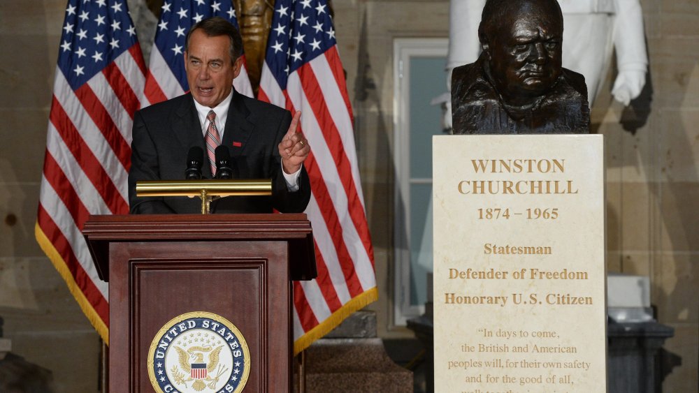House Speaker John Boehner delivers remarks in Statuary Hall on Capitol Hill in Washington DC, October 30, 2013.