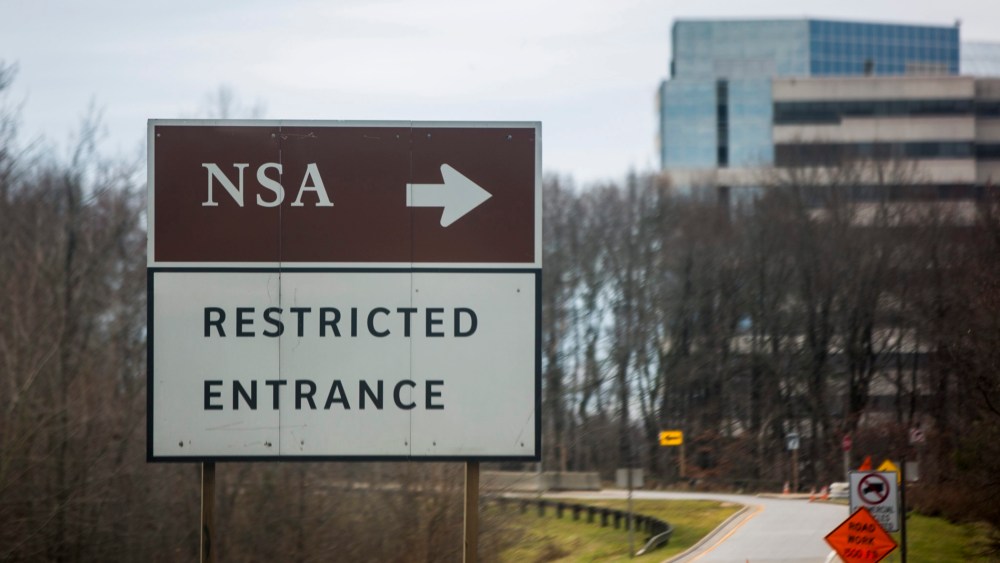 A road sign for the headquarters of the National Security Administration (NSA) is seen in Fort Meade, Maryland, December 22, 2013.