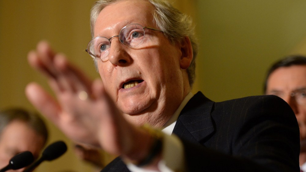 Senate Minority Leader, Republican from Kentucky Mitch McConnell, speaks to members of the news media following a Republican policy luncheon on Capitol Hill in Washington D.C., January 14, 2014.