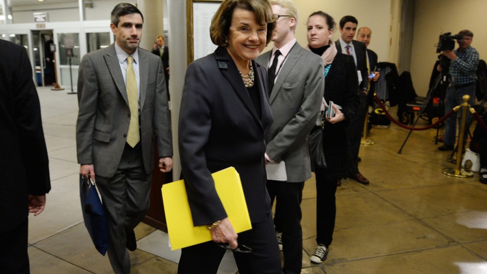 Democratic Senator from California and Chair of the Senate Intelligence Committee Dianne Feinstein walks to a meeting on issues pertaining to Iran, on Capitol Hill in Washington D.C., January 16, 2014.