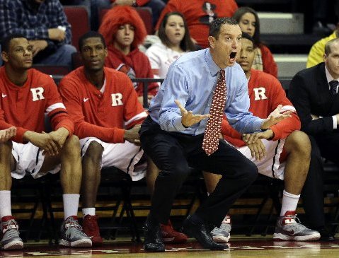 File photo: Rutgers head coach Mike Rice reacts to a call during the first half of an NCAA college basketball game against Seton Hall Tuesday, Feb. 12, 2013, in Piscataway, N.J. (AP Photo/Mel Evans)