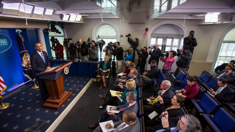 President Barack Obama delivers a statement in the press briefing room of the White House in Washington, D.C., March 17, 2014.