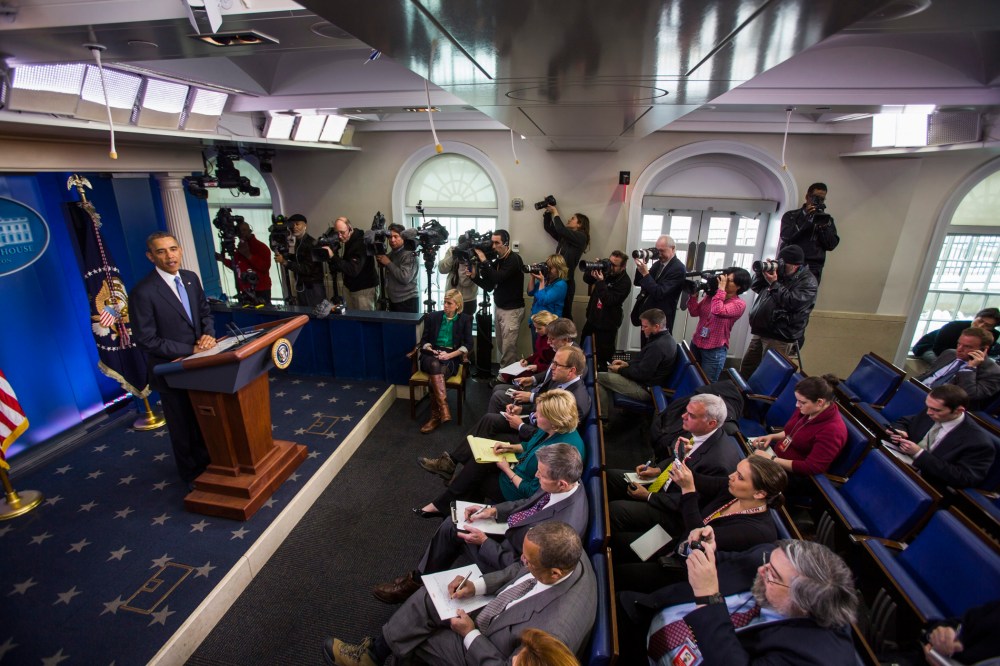 President Barack Obama delivers a statement in the press briefing room of the White House in Washington, D.C., March 17, 2014.