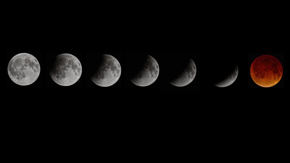 A composite picture shows the blood moon total lunar eclipse in seven stages as seen from Miami, Florida, April 15, 2014.