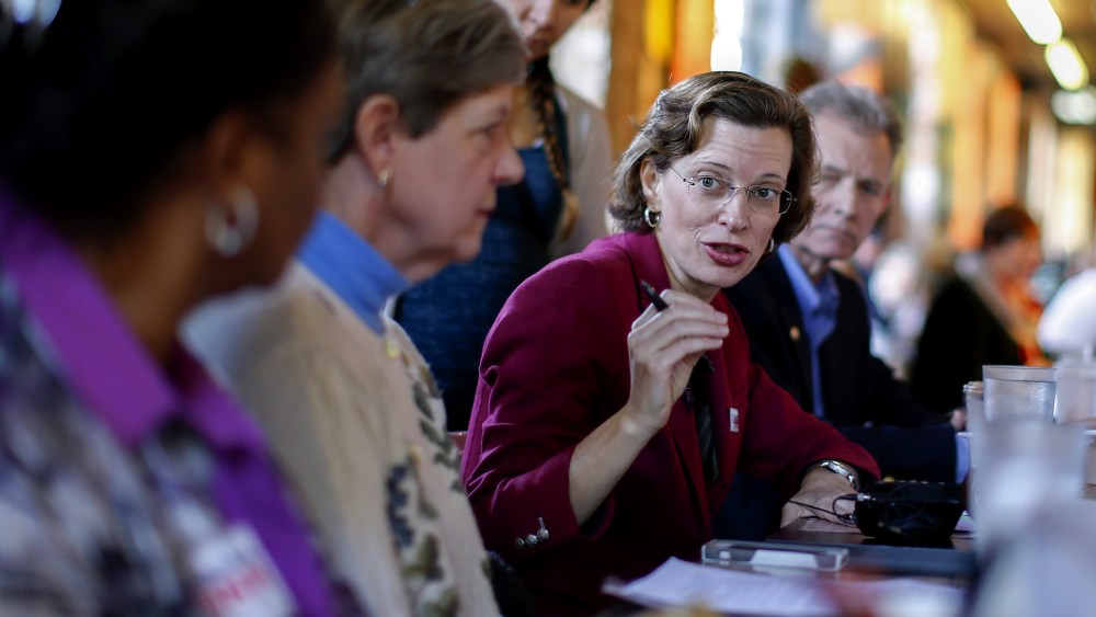 Georgia Democratic US Senate candidate Michelle Nunn hosts a roundtable discussion in Atlanta, Ga. on Oct. 24, 2014.