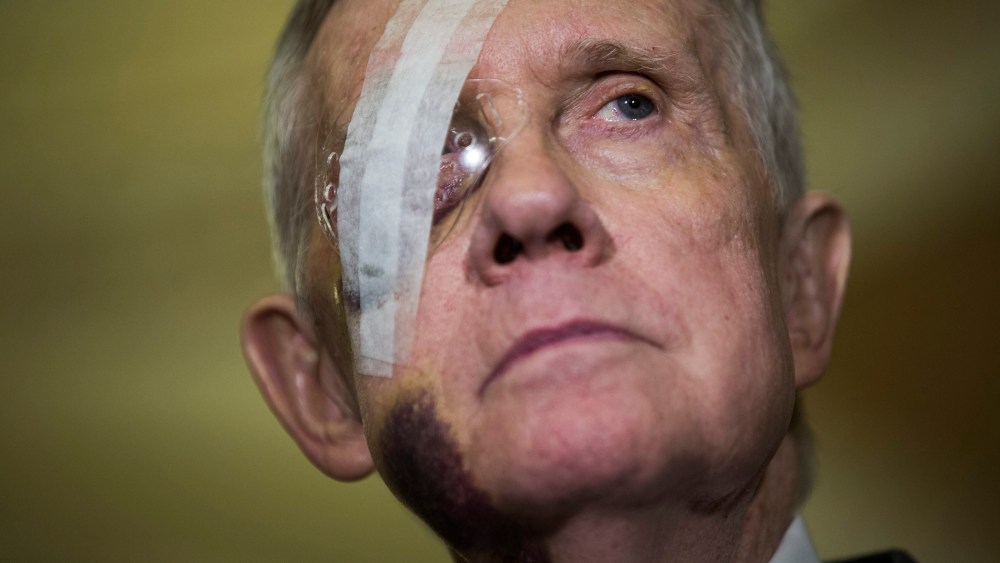 Democratic Senate Minority Leader from Nevada Harry Reid attends a press conference where he spoke about funding for the Department of Homeland Security, among other issues, in Washington, DC, on Feb. 10, 2015.