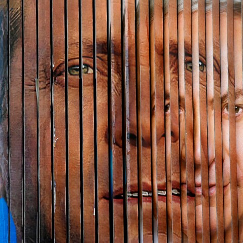 A rotating billboard that shows the faces of the two candidates for Israel's prime minister, incumbent Benjamin Netanyahu (R) and opposition leader Yitzhak Herzog, in Tel Aviv, Israel on March 12, 2015.