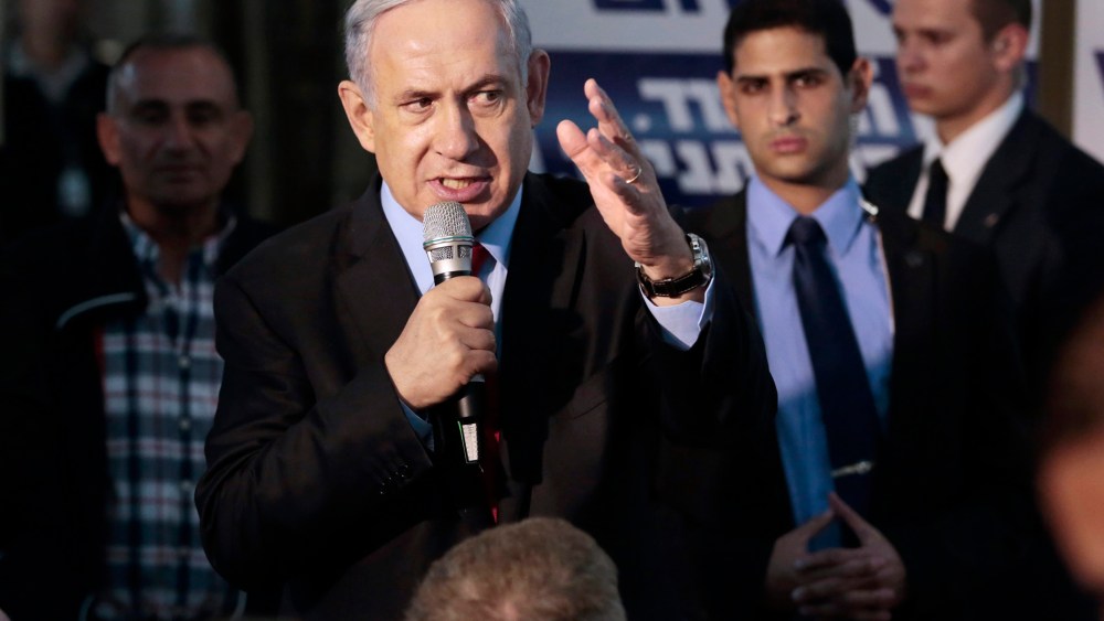 Israeli Prime Minister Benjamin Netanyahu speaking to his Likud party faithful in a campaign stop in Netanya, north of Tel Aviv, Israel on March 11, 2015. (Photo by Jim Hollander/EPA)
