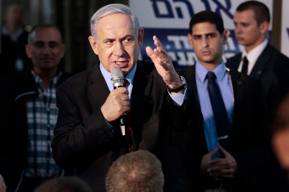 Israeli Prime Minister Benjamin Netanyahu speaking to his Likud party faithful in a campaign stop in Netanya, north of Tel Aviv, Israel on March 11, 2015. (Photo by Jim Hollander/EPA)