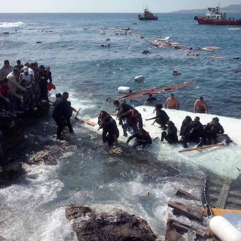 Migrants arrving at Zefyros beach at Rhodes island, Greece on April 20, 2015.