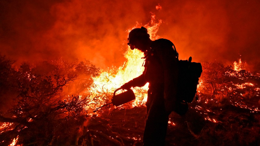 A crew member from the Big Bear Hotshots lights a back burn at the Lake Fire in the San Bernardino National Forest, Calif., early on June 20, 2015. (Photo by Stuart Palley/EPA)
