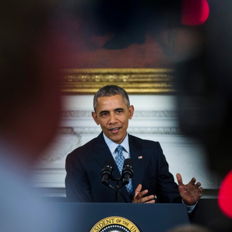 U.S. President Barack Obama responds earnestly to questions from reporters at a press conference in the State Dining Room of the White House in Washington, DC., Oct. 2, 2015. (Photo by Jim Lo Scalzo/EPA)