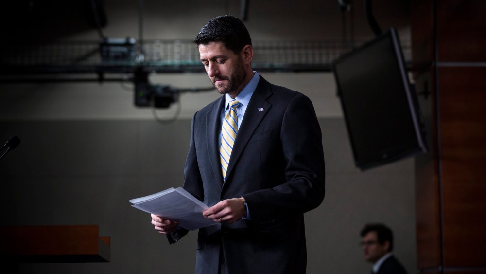 Speaker of the House Paul Ryan (R-Wis.) prepares to speak at his weekly media briefing inn the U.S. Capitol in Washington, D.C., on Dec. 10 2015. (Photo by Jim Lo Scalzo/EPA)