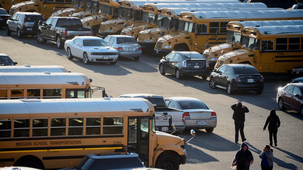 Los Angeles Unified school district buses, Dec. 15, 2015. (Photo by Paul Buck/EPA)