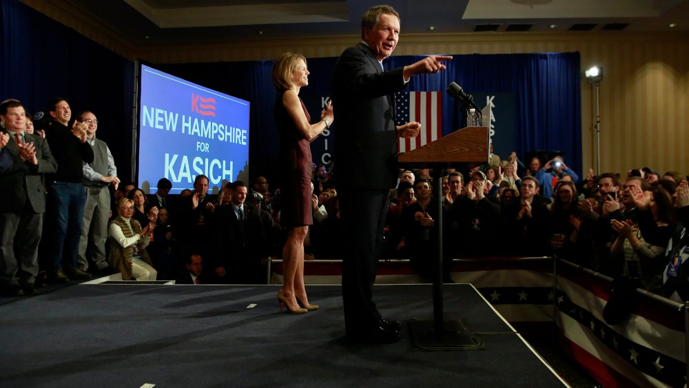 Republican presidential candidate and Ohio Governor John Kasich, who came in second placed in the Republican's presidential primary polls in New Hampshire, speaks to supporters in Concord, N.H., on Feb. 9, 2016. (Photo by Katherine Taylor/EPA)