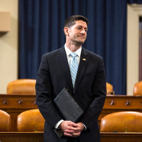 Republican Speaker of the House from Wisconsin Paul Ryan waits to deliver a speech in the Longworth House Office Building in Washington D.C., on March 23, 2016. (Photo by Jim Lo Scalzo/EPA)