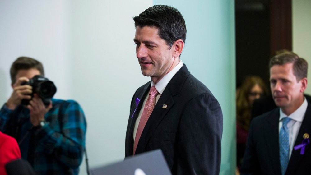 Republican Speaker of the House from Wisconsin Paul Ryan prepares to speak to the media about his upcoming meeting with Donald Trump, in the US Capitol in Washington, DC, May 11, 2016. (Photo by Jim Lo Scalzo/EPA)