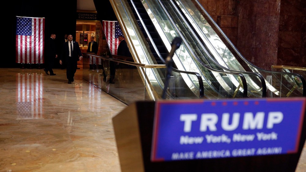 Members of the US Secret Service are seen patrolling Trump Tower before Republican presidential candidate Donald Trump addresses supporters at a speech in the lobby of Trump Tower in New York, N.Y. on May 31, 2016. (Photo by Jason Szenes/EPA)