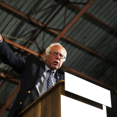 Democratic presidential candidate Bernie Sanders addresses supporters at an election watch rally for the California Primary at Santa Monica Airport in Santa Monica, Calif., on June 7, 2016. (Photo by Mike Nelson/EPA)