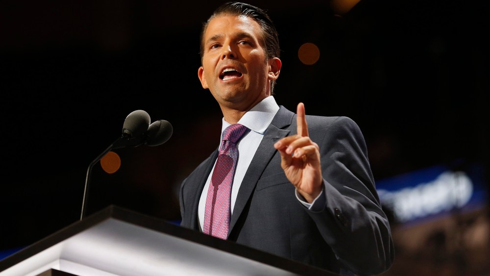 Donald Trump's son Donald Trump Jr. speaks on the second day of the 2016 Republican National Convention at Quicken Loans Arena, July 19, 2016, in Cleveland, Ohio. (Photo by Michael Reynolds/EPA)
