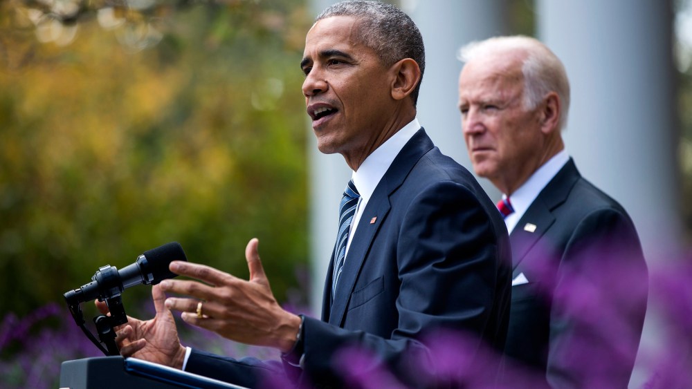 President Barack Obama, alongside Vice President Joe Biden, speaks to the media about Donald Trump's victory over Hillary Clinton for the presidency in Washington, D.C. on  Nov. 9, 2016. (Photo by Jim Lo Scalzo/EPA)