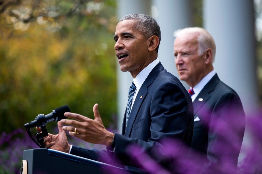 President Barack Obama, alongside Vice President Joe Biden, speaks to the media about Donald Trump's victory over Hillary Clinton for the presidency in Washington, D.C. on  Nov. 9, 2016. (Photo by Jim Lo Scalzo/EPA)