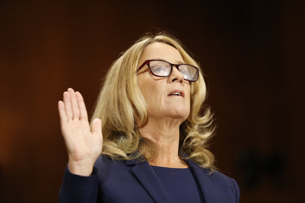 Dr. Christine Blasey Ford is sworn in before the Senate Judiciary Committee hearing on the nomination of Brett Kavanaugh to be an associate justice of the Supreme Court of the United States, on Capitol Hill in Washington, DC, September 27, 2018.