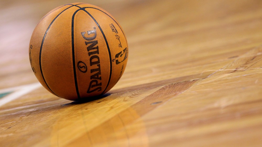 A detail shot of a basketball.