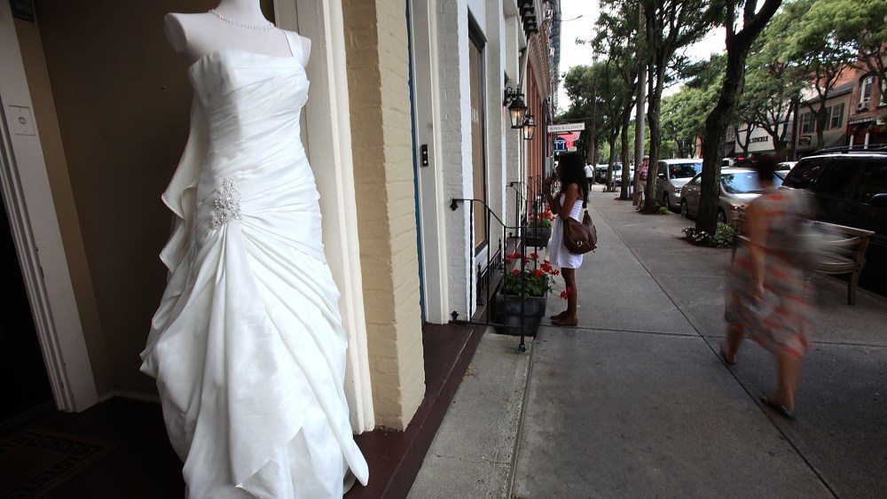 A wedding gown is displayed in Rhinebeck, New York.
