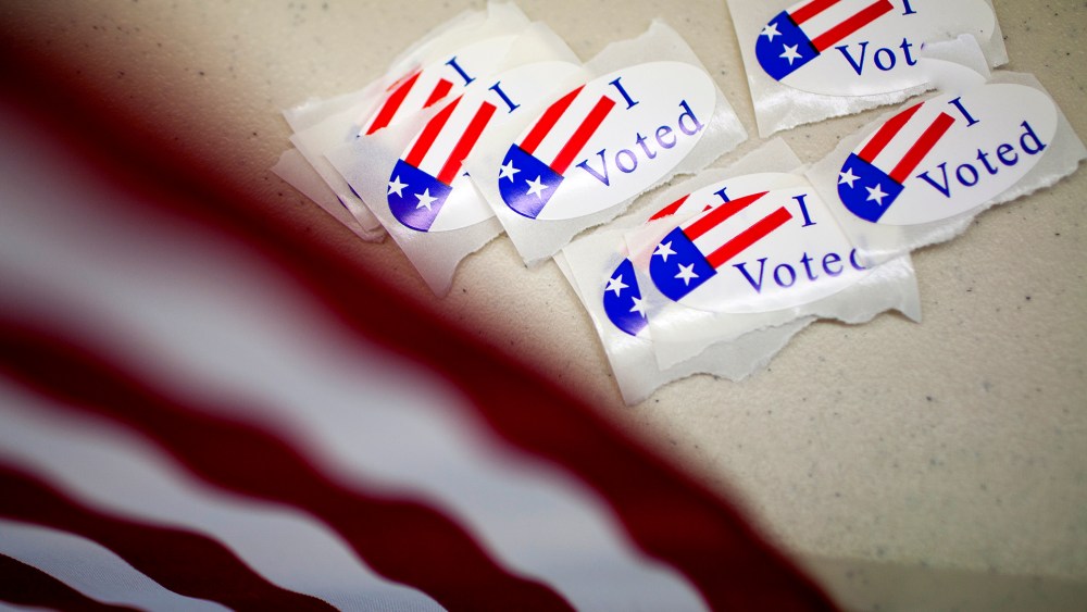 "I Voted" stickers are shown on a polling place table on Nov. 2, 2010.