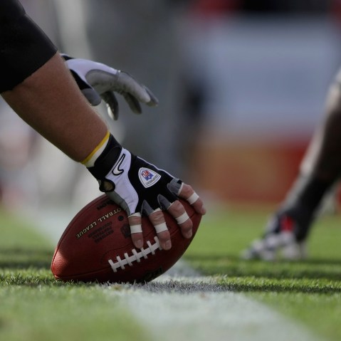 Detail of the ball as the Kansas City Chiefs warm up prior to facing the Denver Broncos at INVESCO Field at Mile High on November 14, 2010 in Denver, Colo.
