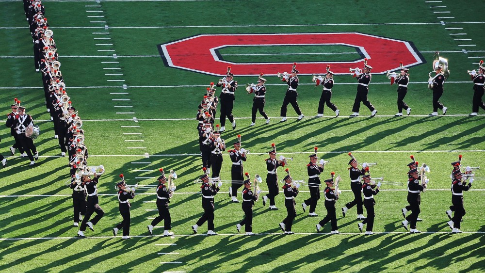 The Ohio State Marching Band performs.