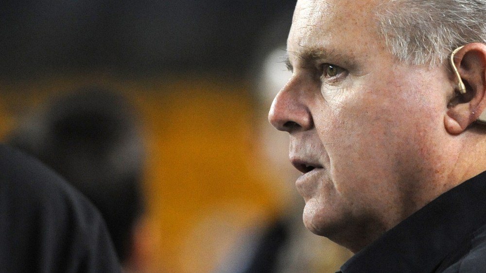 Rush Limbaugh looks on from the sideline before a National Football League game between the New England Patriots and Pittsburgh Steelers at Heinz Field on Nov. 14, 2010 in Pittsburgh, Penn.