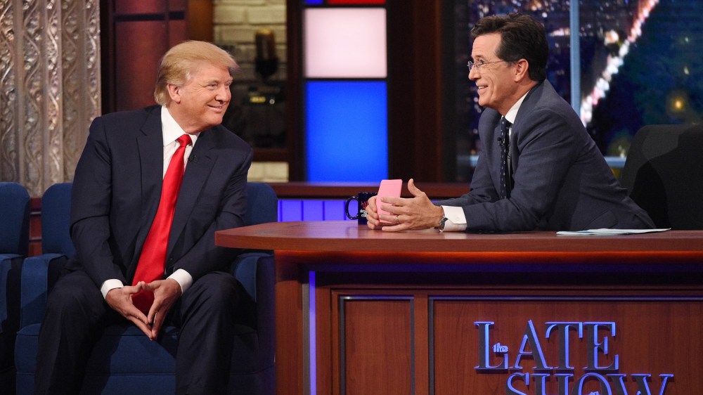 Donald Trump talks about his US Presidential campaign on The Late Show with Stephen Colbert, Sept. 22, 2015. (Photo by Jeffrey R. Staab/CBS)