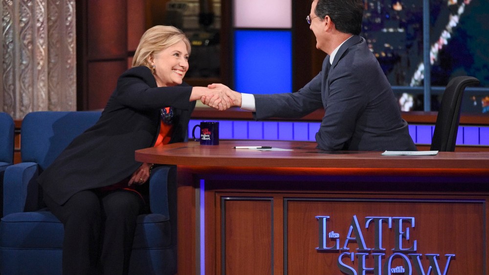 Presidential Candidate Hillary Clinton chats with Stephen on The Late Show with Stephen Colbert, Oct. 27, 2015. (Photo by Jeffrey R. Staab/CBS)