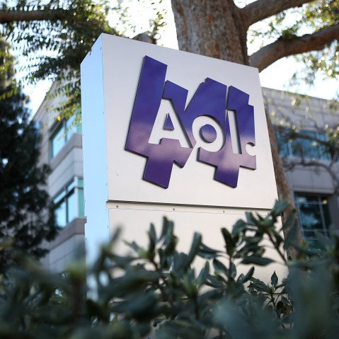 The AOL logo is posted on a sign in front of the AOL Inc. offices on February 7, 2011 in Palo Alto, Calif. (Photo by Justin Sullivan/Getty)