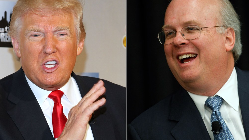 This digital composite shows file photos: (L) Karl Rove, former Deputy Chief of Staff and Senior Policy Advisor to U.S. President George W. Bush, prepares to lead a panel discussion at The 4% Project Conference on April 12, 2011 at Southern Methodist...
